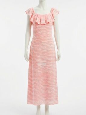 BCBG Paris Peach & White Spotted Ruffle Dress - Size Large - Wedding/Garden/Day